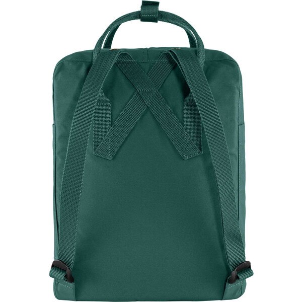 The back of the dark green fjallraven backpack, with two shoulder straps to carry it as a backpack, and a top strap to carry it as a bag.